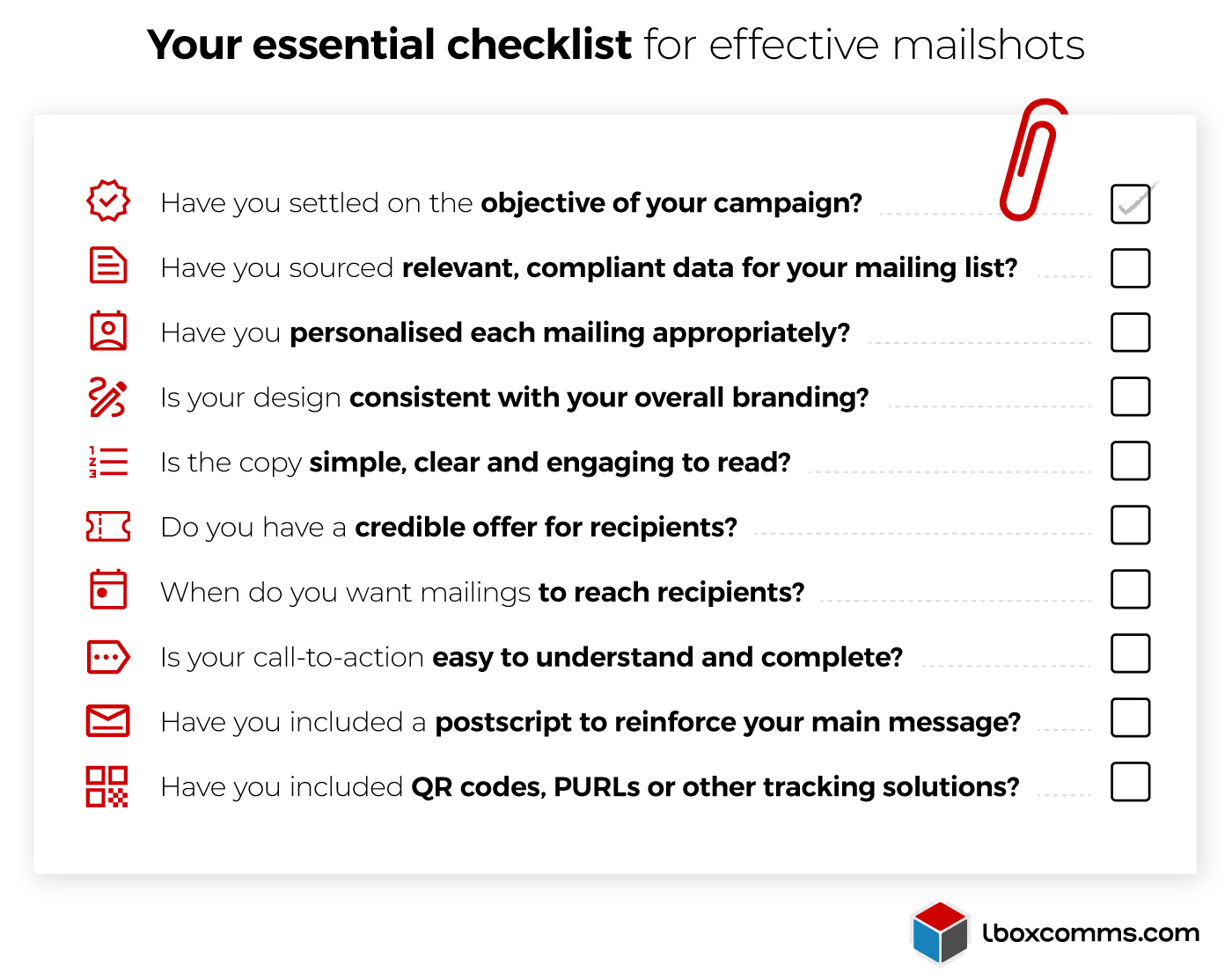 Essential checklist for effective mailshot campaigns - Infographic by Lbox Communications