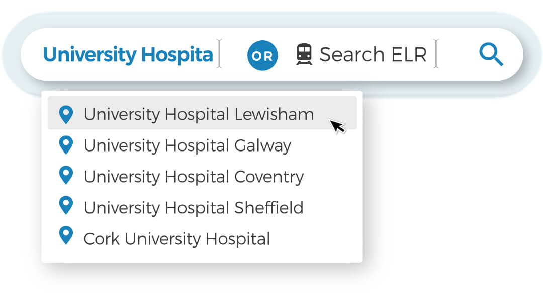 Instant location searches - Postcodes, Towns, Cities, Engineer’s Line References (ELR), or what3words codes